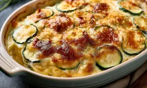 Un délicieux gratin de courgette, doré et gratiné, prêt à être dégusté.