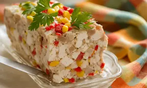 Tranche de terrine de légumes colorée, garnie de persil frais. Un délice visuel et gustatif.