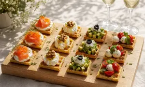 Assortiment de gaufres salées : saumon fumé, fromage de chèvre aux noix, avocat et tomates cerises. Parfait pour un apéritif chic.