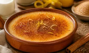 Crème catalane dorée et caramélisée, garnie de zestes de citron. Un délice crémeux à déguster.