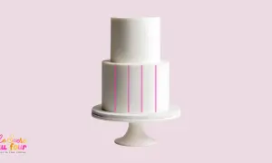 Un gâteau blanc à deux étages sur un présentoir, avec des lignes roses indiquant comment faire un gâteau de couche.