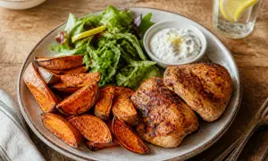 Assiette de poulet grillé avec des quartiers de patate douce rôtie, une salade verte et une sauce blanche crémeuse.