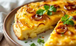 Tortilla aux pommes de terre et oignons caramélisés, une recette simple et savoureuse.