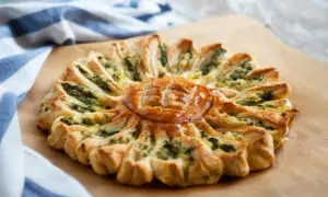 Un feuilleté apéro en forme de soleil, garni d'épinards et de fromage, prêt à être dégusté.