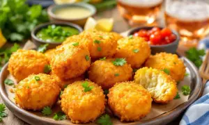 Assiette de croquettes de riz dorées et croustillantes, garnies de persil frais. Servies avec des sauces et des boissons.