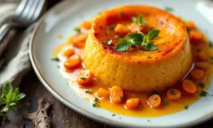 Un délicieux flan de carottes, doré et onctueux, baignant dans un jus orangé, parsemé de rondelles de carottes et de persil frais.