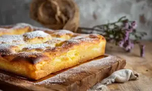 Une délicieuse schiacciata fiorentina, saupoudrée de sucre glace, repose sur une planche en bois rustique, prête à être dégustée.