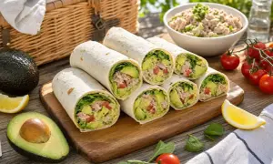 Wraps thon frais, avocat, tomates et laitue, prêts pour un pique-nique.