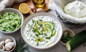 Un bol de tzatziki crémeux, garni de concombre et d'herbes fraîches, prêt pour une recette facile. Ingrédients : concombre râpé, ail, citron, huile d'olive.