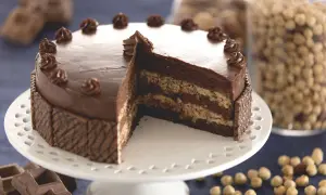 Gâteau gaufrette chocolat noisette, une tranche coupée révèle ses couches gourmandes. Des noisettes et des carrés de chocolat complètent ce délice.
