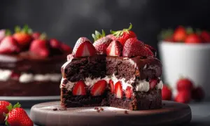 Gâteau au chocolat, fraises et mascarpone, une tranche généreuse garnie de fruits rouges frais et d'une crème onctueuse.