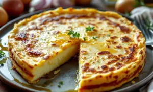 Une délicieuse tortilla espagnole, dorée et moelleuse, servie sur une assiette. Des œufs et des oignons sont visibles en arrière-plan.
