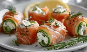 Rouleaux de saumon fumé et concombre, garniture crémeuse, herbes fraîches. Une entrée raffinée à préparer la veille pour un repas élégant.