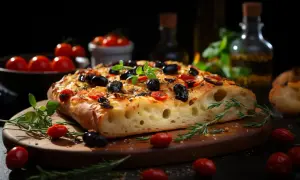 Une focaccia barese appétissante, garnie d'olives noires et de tomates cerises, sur une planche en bois avec du romarin frais.