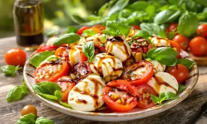 Une délicieuse salade italienne Caprese, avec des tomates fraîches, de la mozzarella et du basilic, arrosée d'une vinaigrette balsamique.