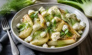 Une délicieuse recette fenouil rôti, garnie de fromage frais et d'herbes fraîches, prête à être dégustée.