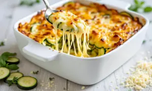 Une cuillère soulève une portion généreuse de gratin de légumes, révélant des courgettes fondantes sous une croûte de fromage doré et filant.