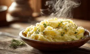 Un délicieux écrasé de pomme de terre fumant, garni de beurre et d'herbes fraîches, dans un bol en bois rustique.