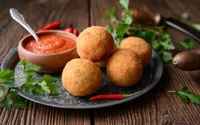 Arancini dorés et croustillants, accompagnés de sauce tomate et de piment. Une recette parfaite pour un apéritif gourmand.