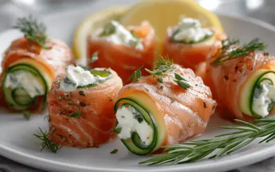 Rouleaux de saumon fumé et concombre, garniture crémeuse, herbes fraîches. Une entrée raffinée à préparer la veille pour un repas élégant.