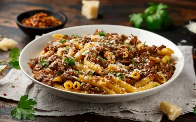 Un plat généreux de pâtes penne, nappées d'une sauce riche et savoureuse, rappelant la tradition de la pasta alla genovese. Saupoudré de parmesan et garni de persil frais.