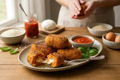 Une assiette de suppli dorés et croustillants, le fromage fondant s'échappe d'un. Une recette italienne réconfortante.