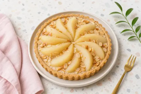 Tarte amandine aux poires, joliment décorée de lamelles d'amandes grillées. Un délice gourmand prêt à être dégusté.