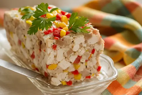 Tranche de terrine de légumes colorée, garnie de persil frais. Un délice visuel et gustatif.