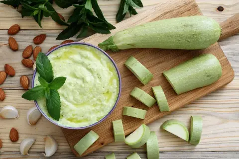 Un bol de purée de courgette crémeuse, garni de menthe fraîche, entouré d'amandes et d'ail. Des courgettes coupées en rondelles sur une planche à découper.