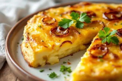 Tortilla aux pommes de terre et oignons caramélisés, une recette simple et savoureuse.
