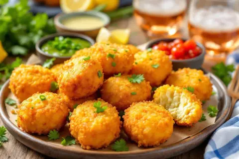 Assiette de croquettes de riz dorées et croustillantes, garnies de persil frais. Servies avec des sauces et des boissons.