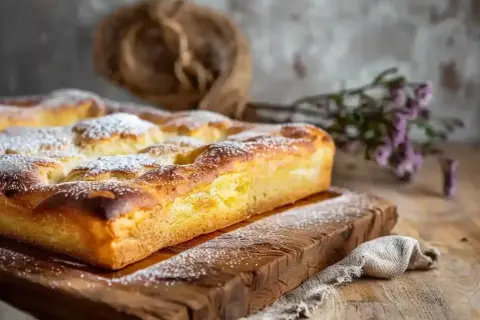 Une délicieuse schiacciata fiorentina, saupoudrée de sucre glace, repose sur une planche en bois rustique, prête à être dégustée.
