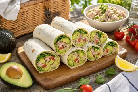 Wraps thon frais, avocat, tomates et laitue, prêts pour un pique-nique.