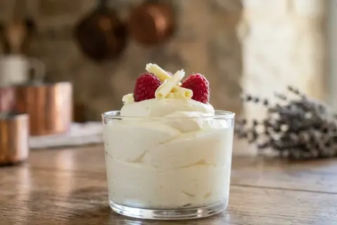 Délicieuse mousse au chocolat blanc, aérienne et légère, garnie de framboises fraîches et de copeaux de chocolat blanc.