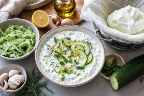 Un bol de tzatziki crémeux, garni de concombre et d'herbes fraîches, prêt pour une recette facile. Ingrédients : concombre râpé, ail, citron, huile d'olive.