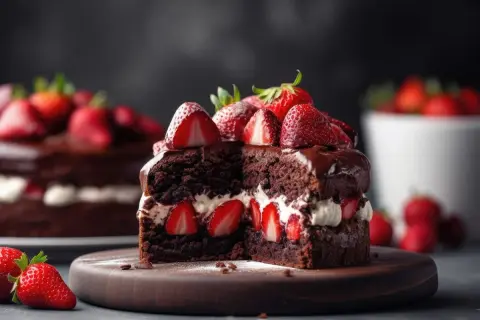 Gâteau au chocolat, fraises et mascarpone, une tranche généreuse garnie de fruits rouges frais et d'une crème onctueuse.