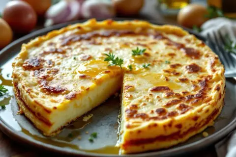 Une délicieuse tortilla espagnole, dorée et moelleuse, servie sur une assiette. Des œufs et des oignons sont visibles en arrière-plan.