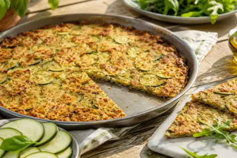 Une délicieuse scarpaccia de courgettes, dorée et garnie de fromage râpé, est servie sur une table en bois ensoleillée.