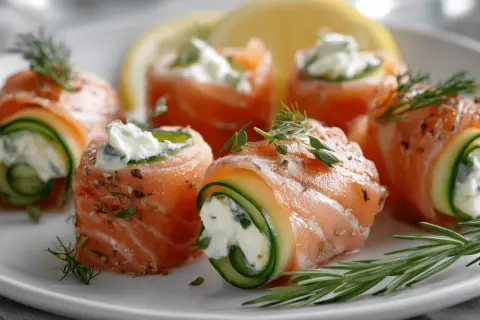 Rouleaux de saumon fumé et concombre, garniture crémeuse, herbes fraîches. Une entrée raffinée à préparer la veille pour un repas élégant.