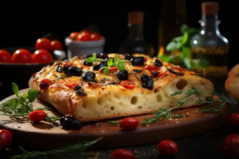 Une focaccia barese appétissante, garnie d'olives noires et de tomates cerises, sur une planche en bois avec du romarin frais.
