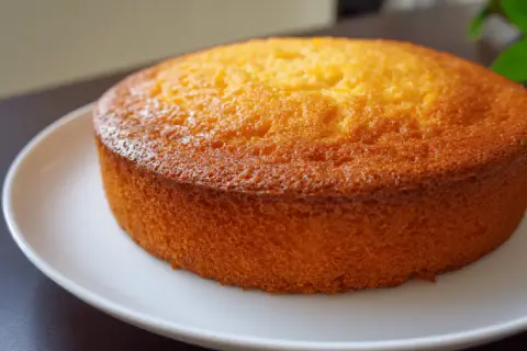 Un délicieux gâteau mandarine, doré et moelleux, posé sur une assiette blanche. Parfait pour le goûter.