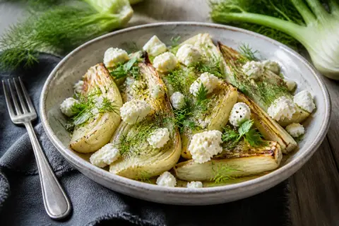 Une délicieuse recette fenouil rôti, garnie de fromage frais et d'herbes fraîches, prête à être dégustée.