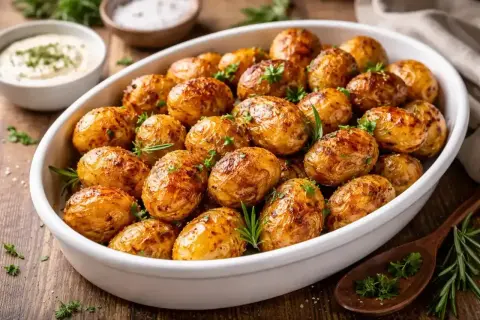 Pommes de terre grenaille dorées et croustillantes, préparées à l'airfryer, garnies de romarin frais. Un délice !