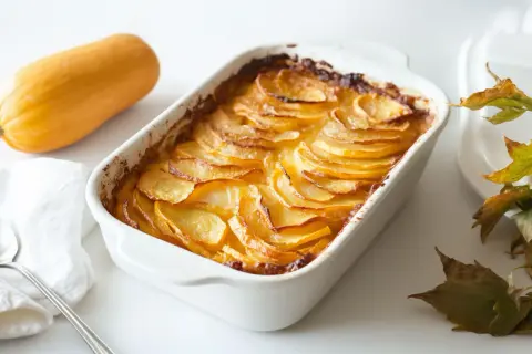 Gratin de courge butternut et pommes de terre, prêt à être dégusté. Une recette réconfortante et savoureuse.