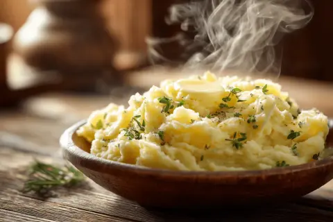 Un délicieux écrasé de pomme de terre fumant, garni de beurre et d'herbes fraîches, dans un bol en bois rustique.