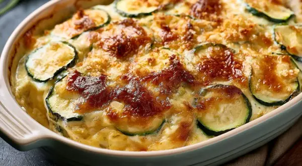 Un délicieux gratin de courgette, doré et gratiné, prêt à être dégusté.