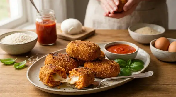 Une assiette de suppli dorés et croustillants, le fromage fondant s'échappe d'un. Une recette italienne réconfortante.