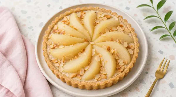 Tarte amandine aux poires, joliment décorée de lamelles d'amandes grillées. Un délice gourmand prêt à être dégusté.
