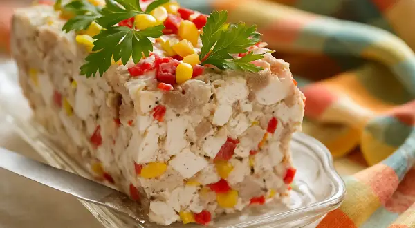 Tranche de terrine de légumes colorée, garnie de persil frais. Un délice visuel et gustatif.