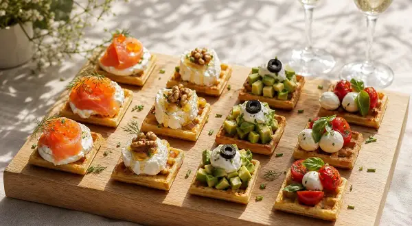 Assortiment de gaufres salées : saumon fumé, fromage de chèvre aux noix, avocat et tomates cerises. Parfait pour un apéritif chic.